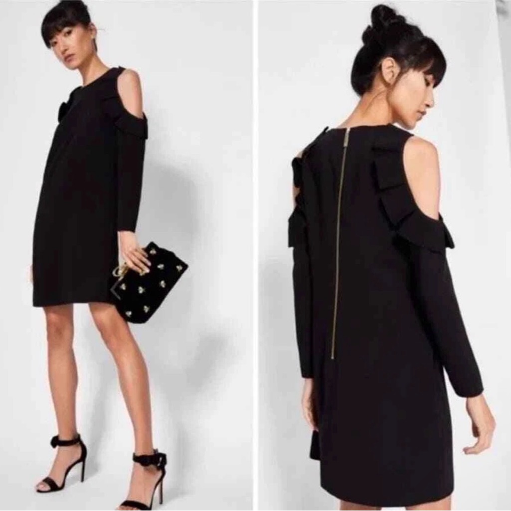 Ted Baker Black Ruffle Frill Cold Shoulder Cut-Out Siiara Lbd Dress 5 = 12 Us L